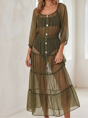 Sheer Swim Coverup Olive Green Button-Front Maxi Dress Plus Size 2X XXL